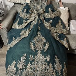 Emerald Green and Gold Quinceañera Dress - White Heels 