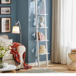 Haotian Ladder Shelves, 4-Tier Storage Display Organizer Rack, Wall-Leaning Bookshelf, Wooden Wall Shelf for Bathroom Living Room Study Room, White 