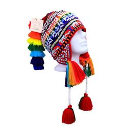 Beaded Shaman Ch'ullo Peru Winter Hat Colorful Pom Poms Tassels Earflaps Chullo
With Two Keys Hold