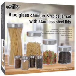 Estilo 8 Piece Glass Canister & Spice Jar Set With Stainless Steel Lids NEW