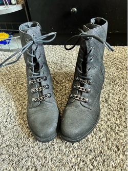 Grayish Black Glitter Combat Boots with Chain Detail