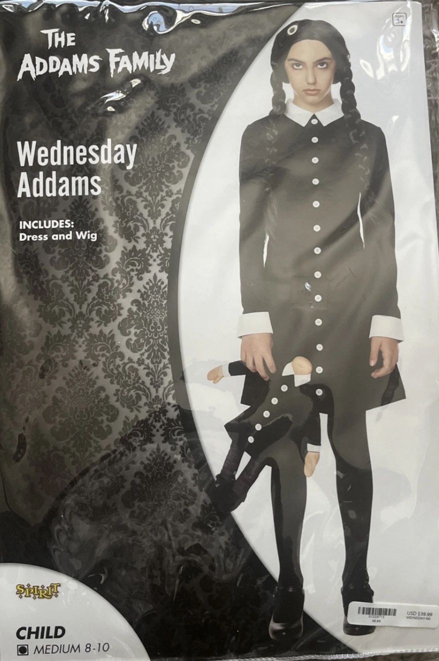 Spirit Halloween Child Wednesday Addams Costume Med 8-10 New Dress And Wig