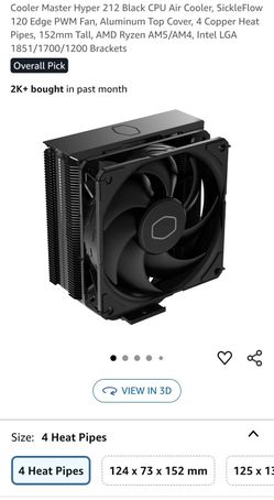 Cooler Master Hyper 212 Black CPU Air Cooler, SickleFlow 120 Edge PWM Fan, Aluminum Top Cover, 4 Copper Heat Pipes, 152mm Tall, AMD Ryzen AM5/AM4, Int