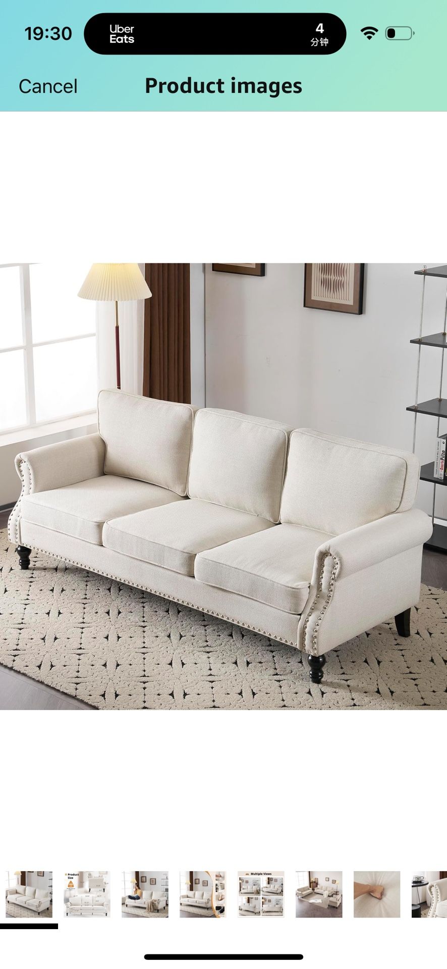 3-Seat Sofa with Curved Solid Wood Legs & Soft Cushion for Living Room, Bedroom, Belcony, Grey