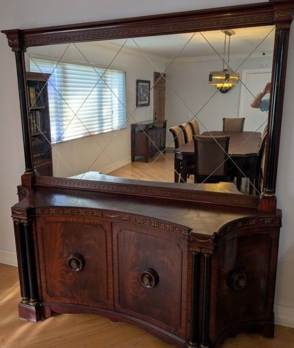 Antique American Mahogany Burlwood Sideboard / Breakfront / Buffet. With Original Beveled Glass Mirror. AMAZING PIECE!