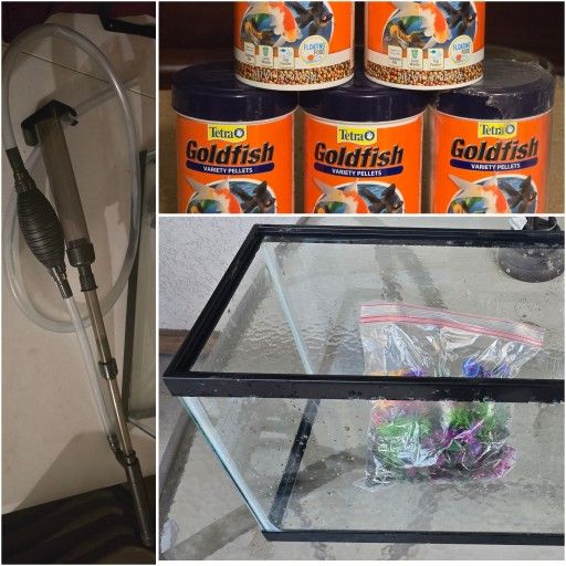 Fish Tank + Decorations + 5x Goldfish Pellets + Cleaner