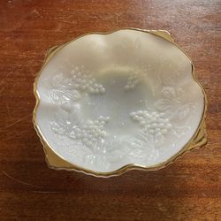Anchor Hocking Vintage Milk Glass Bowl  Grape Pattern with gold Gilding