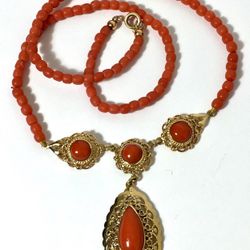 1903 Germany royal decent owned 14k yellow Gold natural AkaCoral Set. ring+pendant+necklace. Very good condition