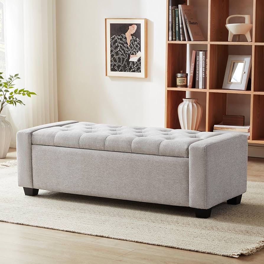 48" Ottoman with Storage, Storage Ottoman Bench with Safety Hinge, Upholstered Entryway Bench with Seating for Bedroom, Living Room, Holds up to 330 l