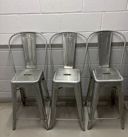 Set of 3 Silver Metal Bar Stools