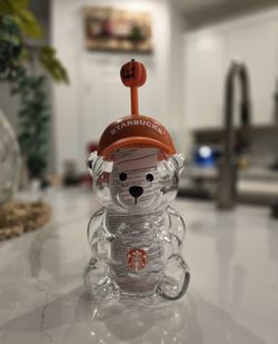Glass Bear Cup with Straw - Pumpkin (Brand New)