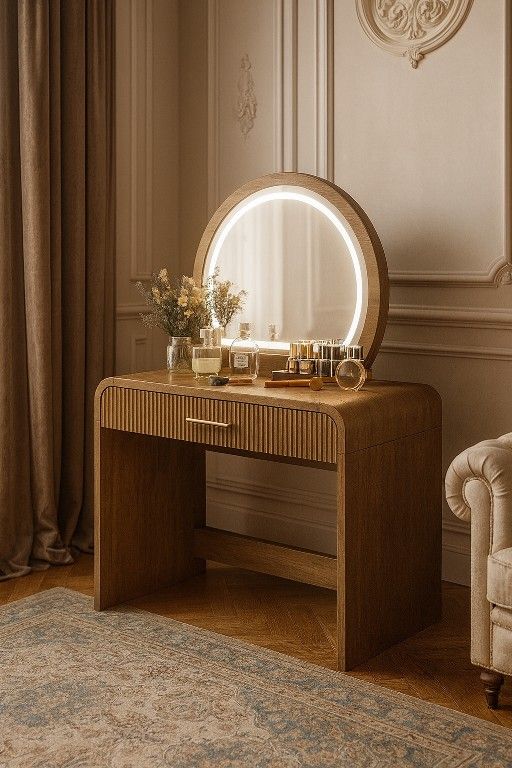 Vanity Table with Mirror Touch Screen Lighted Mirror, Dressing Table with Drawer for Bedroom, Espresso