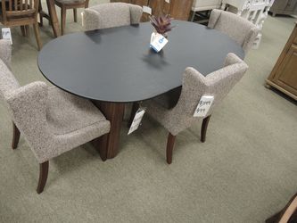 Round Dining Table with Fluted Pedestal Base - Black Top With Warm Walnut Base