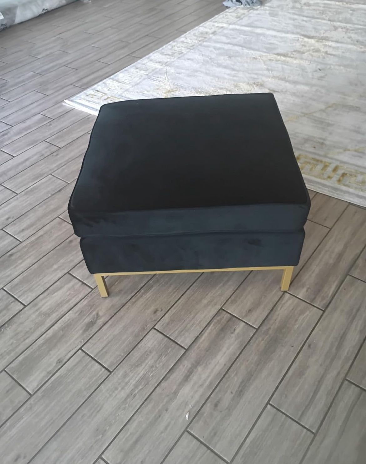 New Black Velvet Ottoman With Gold Metal Legs 
