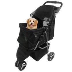 New Foldable Pet Stroller, Cat/Dog Stroller with 4 Wheel, Pet Travel Carrier Strolling Cart with Storage Basket, Cup Holder (Black)
