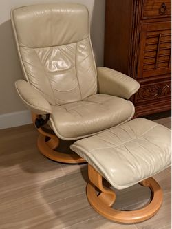 Stress free Taupe leather Reclining chair & foot stool