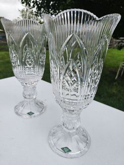 $100.00 - (2) Vtg Shannon Crystal Tall Pedestal Vases! Elegant Design/Tags on Them!