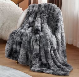 50"x60" Faux Fur Fluffy Fleece Sherpa Blanket Couch Throw, Tie Dye Grey, NEW