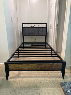 Twin Bed Frame with LED Light Storage Headboard and Charging Station Type C.