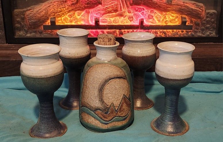 Beautiful Southwest Handmade Wine Decanter & Four Wine Goblets.