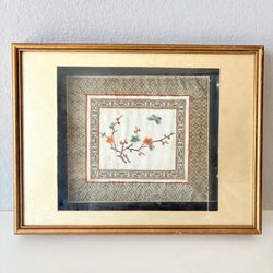 Vintage Chinese Silk Embroidery Flowers & Butterfly Framed Decor Art 18.5”x14"