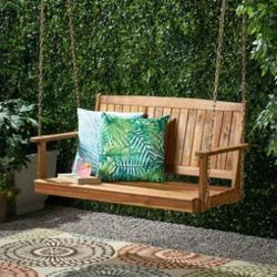 2-Person White / Natural/ Wicker Hanging Porch Swing With Chains, Cushion, Pillow, Rattan Swing Bench For Garden [NEW]