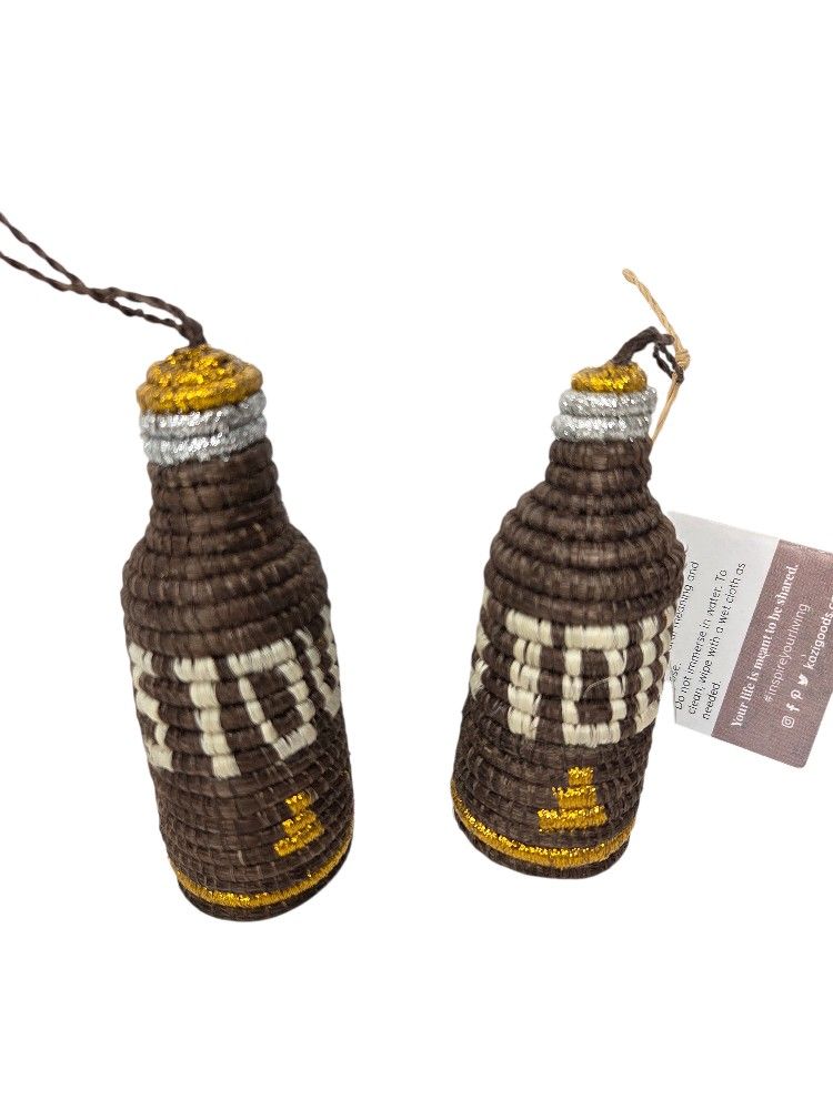Stout Lager Beer Brown Woven Bottle Shaped Ornaments Set of 2
