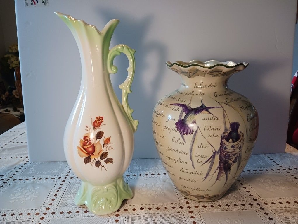 Two REALLY NEAT LOOKING  VASES  THE TALL ONE IS  I THINK  NIPPON VASE it HAS two  SMALL CHIPS  AT the Top  ON the SIDE  BEEN TOUCHED  UP 