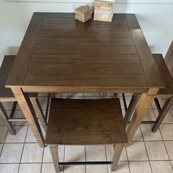 Square Kitchen Counter Height Brown Table Wood With 4 Stools 