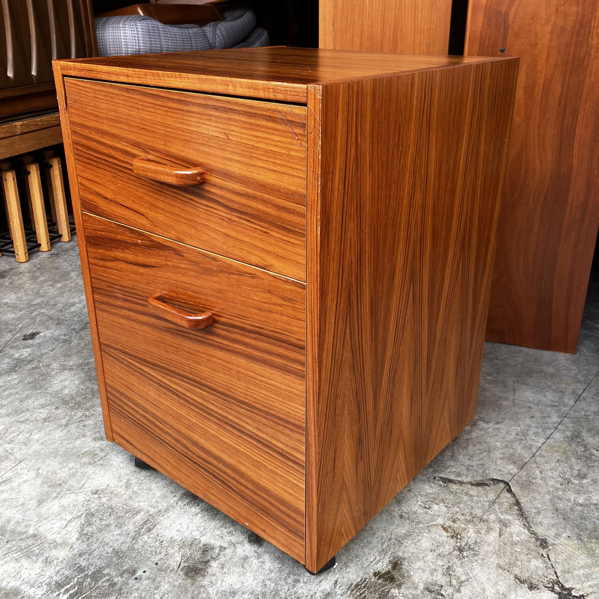 Vintage Mid Century Danish Modern Rolling 2 Drawer Teak File Cabinet