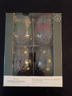 Threshold Holiday Festive Christmas Stemless Wine Glasses With Gold Snowflake Accents Set – 4 Pack