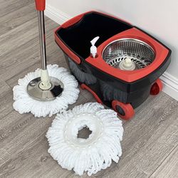 (Brand New) $25 Deluxe Black Spin Mop Wheels and Extended Handle with 2x Microfiber Mop Heads 