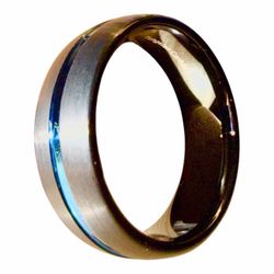 Tungsten Carbide Black with Blue Stripe Ring - Black (Size 10)