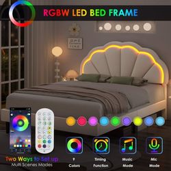 LED Bed Frame, Full Size Bed for Bedroom, Velvet Upholstered Platform Bed with Adjustable Headboard, Off-White