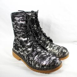 Rare Y2K Silver Metallic Foil Black Lace Combat Boots Size 10