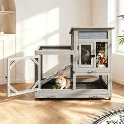 Wooden Rabbit Hutch on Wheels 2-Tier Indoor Bunny Cage Cleaning Trays and Run with wheels  Gray