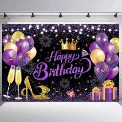 YinQin 180x120 cm Black Purple Gold Happy Birthday Party Backdrops Cloth 71x47 i