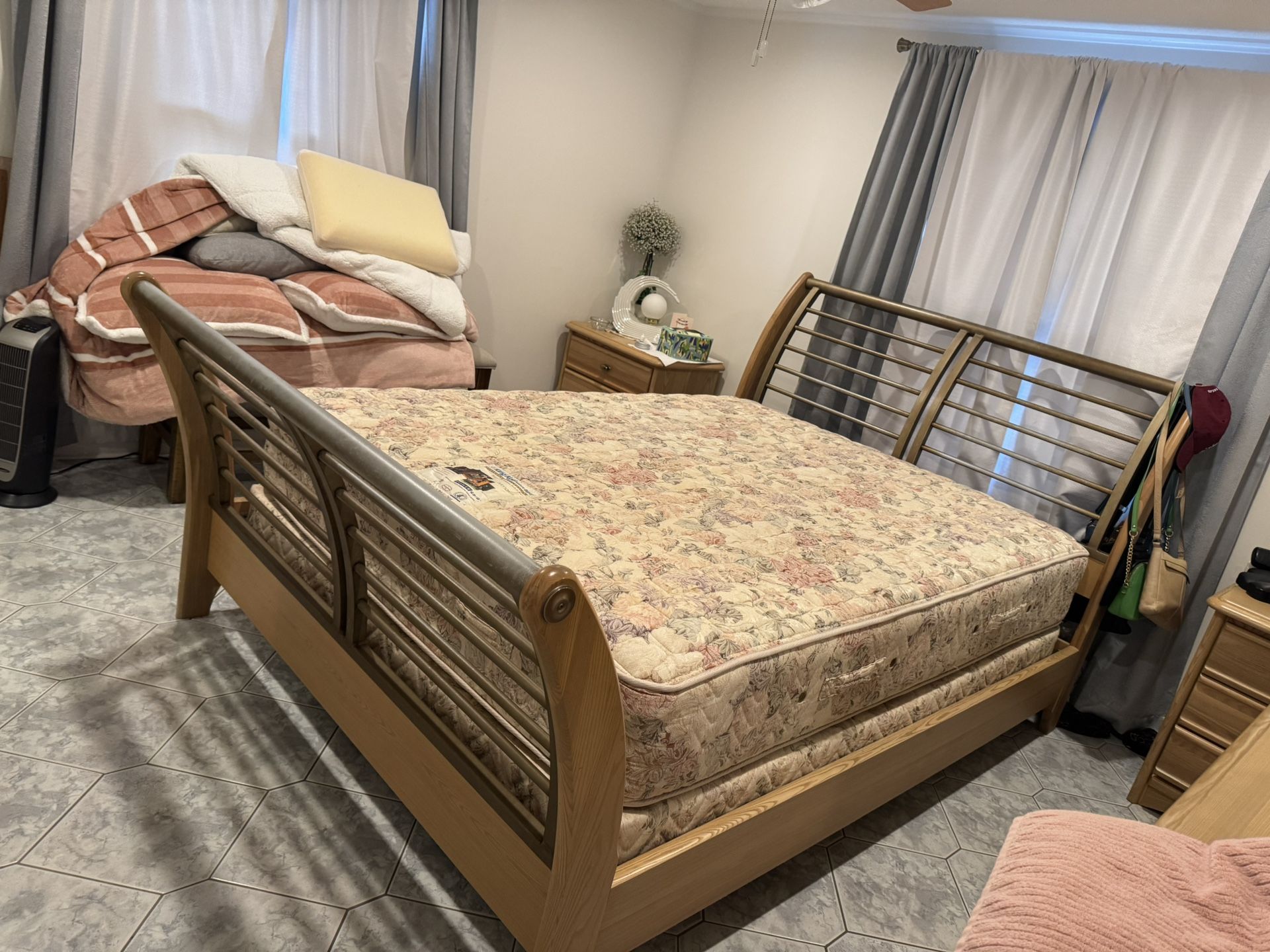 Bed Frame, Queen Size King Koil Mattress and Boxspring and Dresser with Mirror