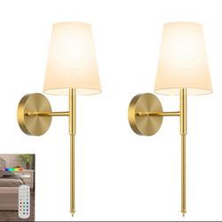 Battery Operated Wall Sconces Set of 2, Cordless Wall Lights with Rechargeable Bulbs and Remote, White Fabric Shade