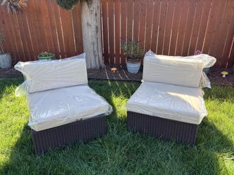 3 Piece Set - 2 Brown Wicker Chairs with Beige Cushions & 1 Cube Table w/ Glass Top - NEW IN BOXES
