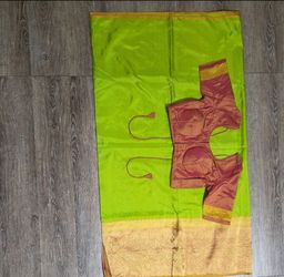 Lime Green Raw Silk Sari with Stitched Bronze Blouse (Size 38)