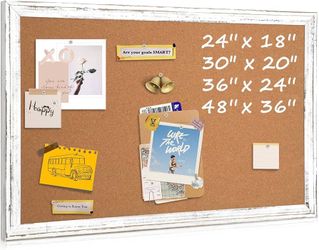 36” x 24” Cork Board Bulletin Board with Rustic White Wooden Frame + 10 Push Pins