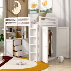 SALESUMO WHITE TWIN SIZE LOFT BED WITH DRAWER