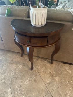 Leather Top Half-Moon Accent Table with Drawer