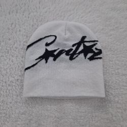White Corteiz beanie with black logo