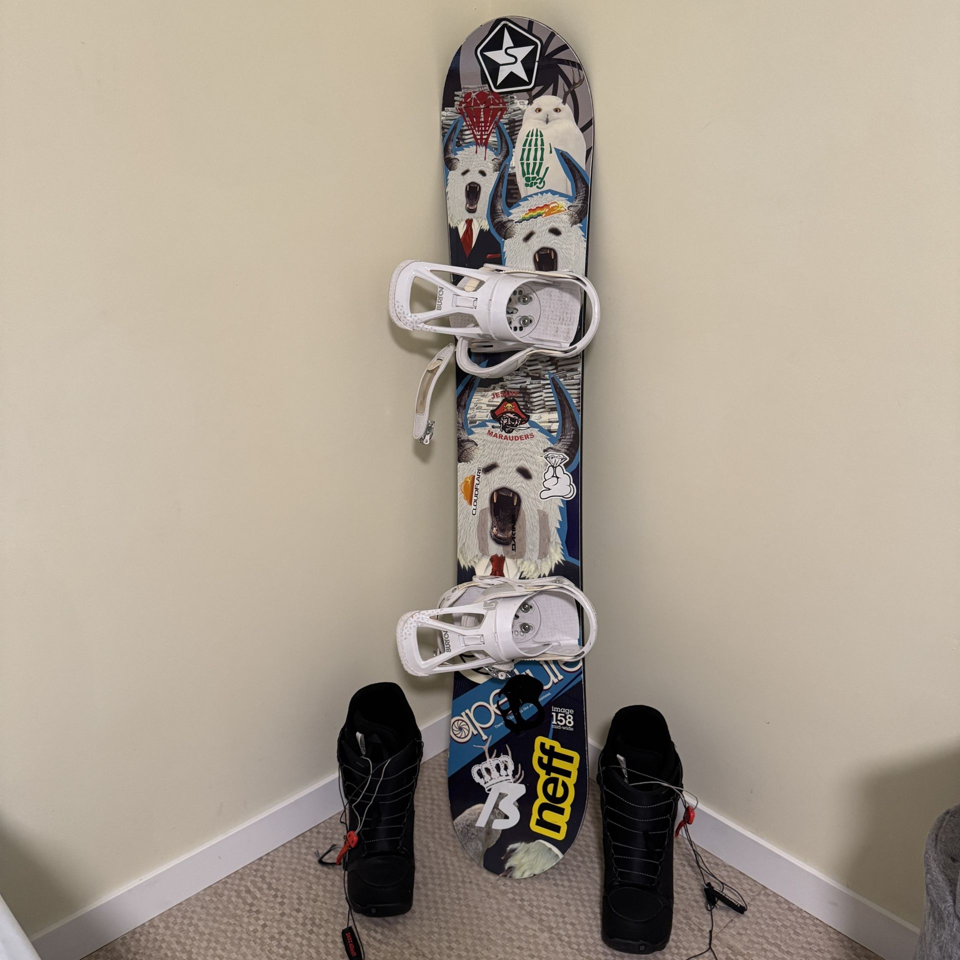 Complete Snowboard Setup - Board, Boots (Size 12), Bindings & Travel Bag