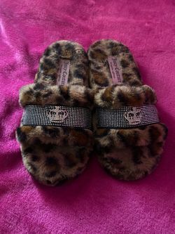 Juicy Couture Leopard Faux Fur Slippers 90s aesthetic y2k