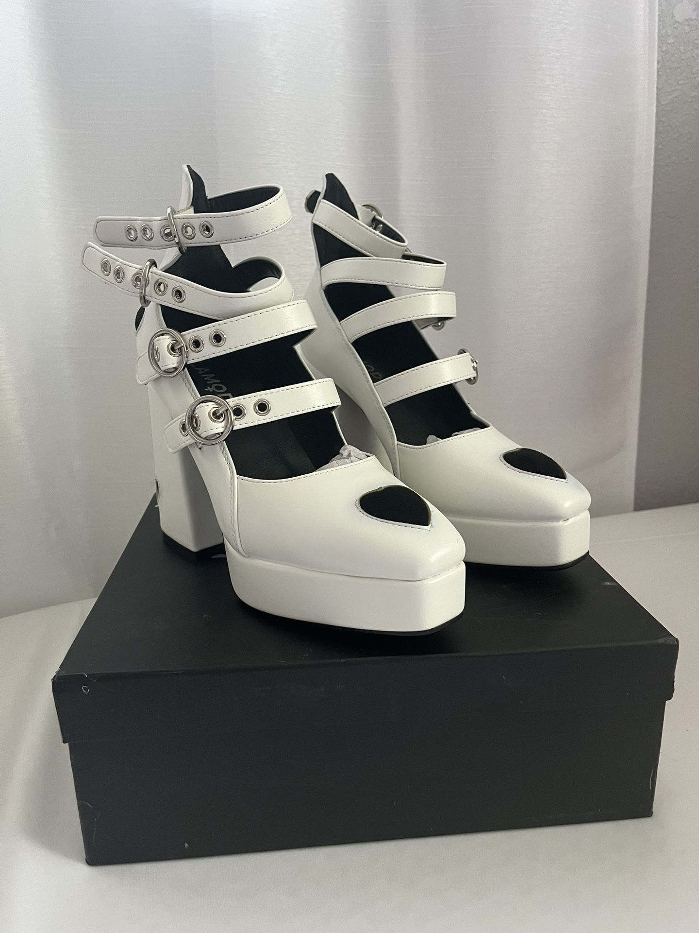 White Platform Heels With Small Black Hearts