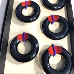 Vintage Marukyo Kyoto Japan Set of 5 Chopstick Rests Boxed Round Holders Black and Red Laquer 