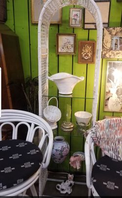 White rattan wicker etagere shelf with glass